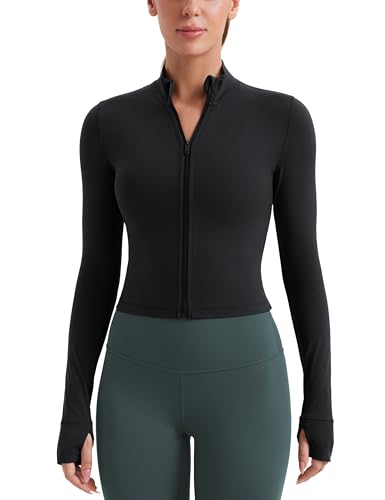 CRZ YOGA Damen Butterluxe Voller Reißverschluss Cropped Jacke Sport Pullover Slim Fit Gym Running Jacken mit Daumenloch Schwarz 42 von CRZ YOGA