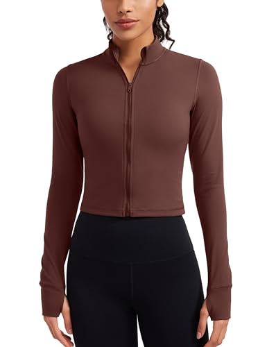 CRZ YOGA Damen Butterluxe Voller ReiÃŸverschluss Cropped Jacke Sport Pullover Slim Fit Gym Running Jacken mit Daumenloch Taupe 38 von CRZ YOGA