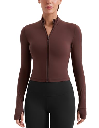 CRZ YOGA Damen Butterluxe Voller Reißverschluss Cropped Jacke Sport Pullover Slim Fit Gym Running Jacken mit Daumenloch Taupe 44 von CRZ YOGA