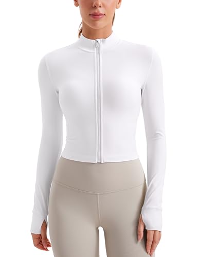 CRZ YOGA Damen Butterluxe Voller Reißverschluss Cropped Jacke Sport Pullover Slim Fit Gym Running Jacken mit Daumenloch Weiss 40 von CRZ YOGA