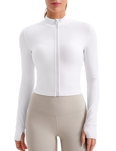 CRZ YOGA Damen Butterluxe Voller Reißverschluss Cropped Jacke Sport Pullover Slim Fit Gym Running Jacken mit Daumenloch Weiss 42 von CRZ YOGA