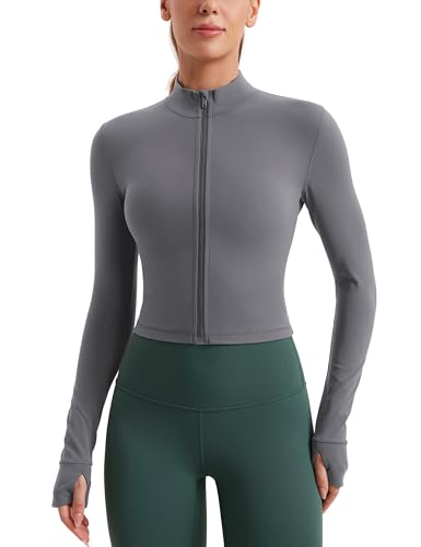 CRZ YOGA Damen Butterluxe Voller Reißverschluss Cropped Jacke Sport Pullover Slim Fit Gym Running Jacken mit Daumenloch Dunkler Kohlenstoff 42 von CRZ YOGA