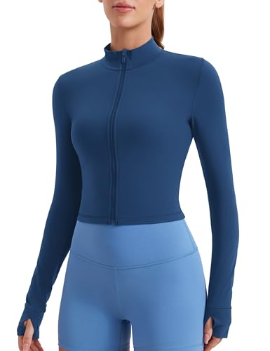 CRZ YOGA Damen Butterluxe Voller Reißverschluss Cropped Jacke Sport Pullover Slim Fit Gym Running Jacken mit Daumenloch FRANZÖSISCHE MARINE 44 von CRZ YOGA