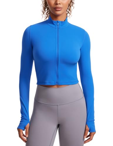 CRZ YOGA Damen Butterluxe Voller Reißverschluss Cropped Jacke Sport Pullover Slim Fit Gym Running Jacken mit Daumenloch Funkelndes Blau 38 von CRZ YOGA