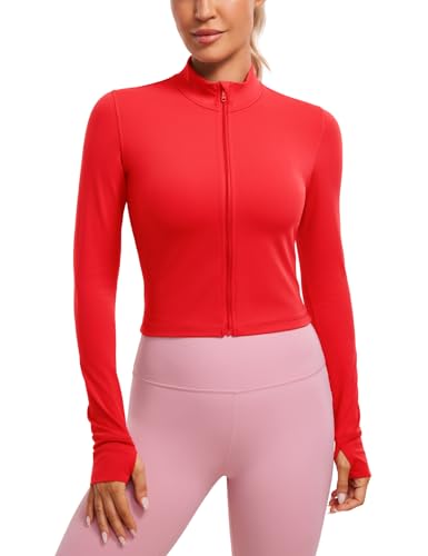 CRZ YOGA Damen Butterluxe Voller Reißverschluss Cropped Jacke Sport Pullover Slim Fit Gym Running Jacken mit Daumenloch Tiefrot 42 von CRZ YOGA