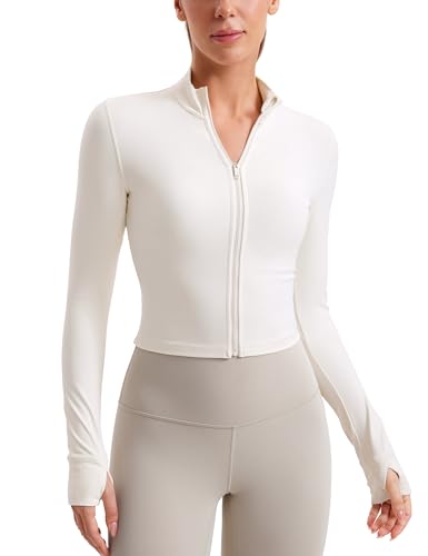 CRZ YOGA Damen Butterluxe Voller Reißverschluss Cropped Jacke Sport Pullover Slim Fit Gym Running Jacken mit Daumenloch Weiße Aprikose 42 CRZ YOGA Damen Butterluxe Voller Reißverschluss Cropped Jacke Sport Pullover Slim Fit Gym Running Jacken mit Daumenloch Weiße Aprikose 42 von CRZ YOGA