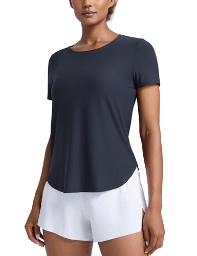 CRZ YOGA Damen Cloudweight Kurzarm Shirts Seitlicher Schlitz Workout Tops Athletic Gym Leicht Crewneck T-Shirts Echte Marine 36 von CRZ YOGA