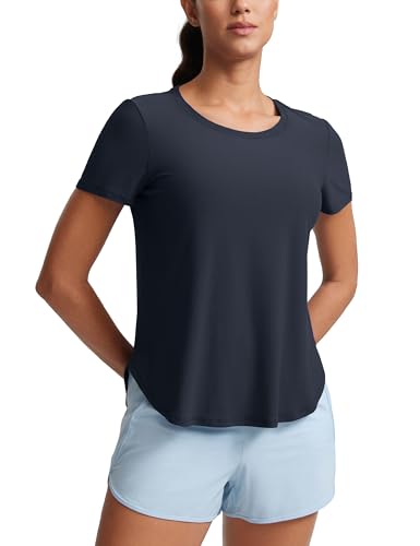 CRZ YOGA Damen Cloudweight Kurzarm Shirts Seitlicher Schlitz Workout Tops Athletic Gym Leicht Crewneck T-Shirts Echte Marine 40 von CRZ YOGA