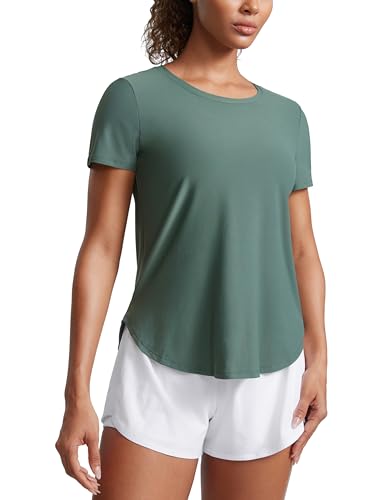 CRZ YOGA Damen Cloudweight Kurzarm Shirts Seitlicher Schlitz Workout Tops Athletic Gym Leicht Crewneck T-Shirts Graphitgrün 44 CRZ YOGA Damen Cloudweight Kurzarm Shirts Seitlicher Schlitz Workout Tops Athletic Gym Leicht Crewneck T-Shirts Graphitgrün 44 von CRZ YOGA