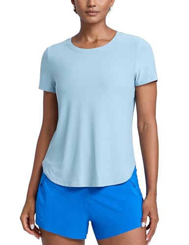 CRZ YOGA Damen Cloudweight Kurzarm Shirts Seitlicher Schlitz Workout Tops Athletic Gym Leicht Crewneck T-Shirts Hellgraublau 36 von CRZ YOGA