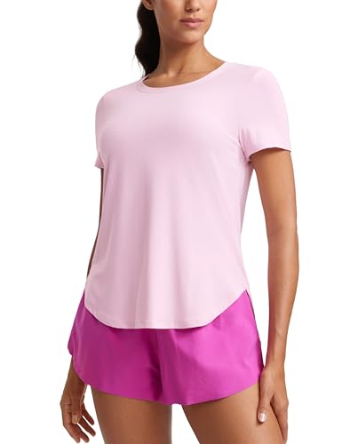 CRZ YOGA Damen Cloudweight Kurzarm Shirts Seitlicher Schlitz Workout Tops Athletic Gym Leicht Crewneck T-Shirts Rosa Pfingstrose 42 von CRZ YOGA