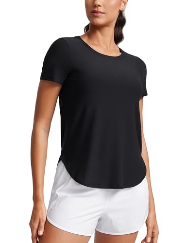 CRZ YOGA Damen Cloudweight Kurzarm Shirts Seitlicher Schlitz Workout Tops Athletic Gym Leicht Crewneck T-Shirts Schwarz 40 von CRZ YOGA