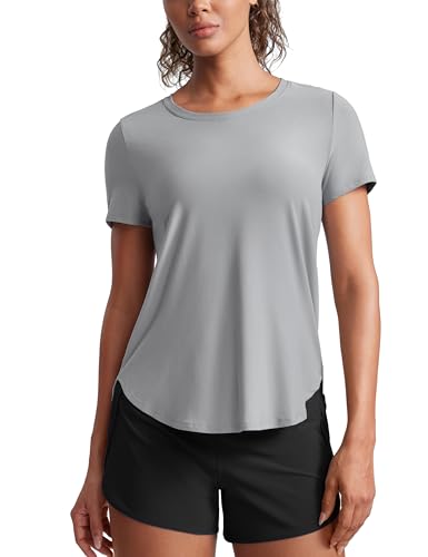 CRZ YOGA Damen Cloudweight Kurzarm Shirts Seitlicher Schlitz Workout Tops Athletic Gym Leicht Crewneck T-Shirts Silber grau 36 von CRZ YOGA
