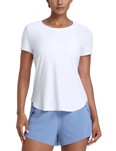 CRZ YOGA Damen Cloudweight Kurzarm Shirts Seitlicher Schlitz Workout Tops Athletic Gym Leicht Crewneck T-Shirts Weiss 36 von CRZ YOGA