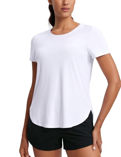 CRZ YOGA Damen Cloudweight Kurzarm Shirts Seitlicher Schlitz Workout Tops Athletic Gym Leicht Crewneck T-Shirts Weiss 40 von CRZ YOGA
