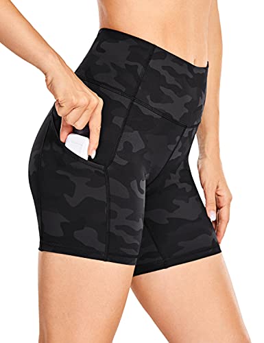 CRZ YOGA Damen Sport Radlerhose Blickdichte High Waist Biker Shorts Running Kurze Leggings mit Tasche - Naked Feeling Light - 15cm Dunkelgraue Tarnung 38 von CRZ YOGA