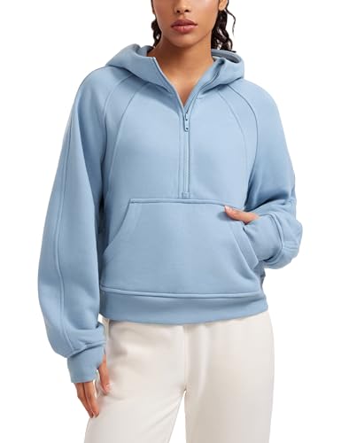 CRZ YOGA Damen Fleece Gefüttert Hoodie 1/2 Reißverschluss Kapuzenpullover Taschen Workout Langarm Hoody Pullover mit Daumenloch Cambric-Blau 36 von CRZ YOGA