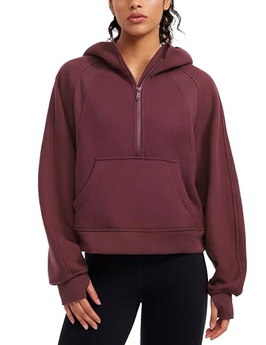 CRZ YOGA Damen Fleece Gefüttert Hoodie 1/2 Reißverschluss Kapuzenpullover Taschen Workout Langarm Hoody Pullover mit Daumenloch Dunkelrot 42 von CRZ YOGA