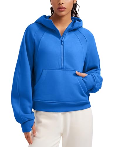 CRZ YOGA Damen Fleece Gefüttert Hoodie 1/2 Reißverschluss Kapuzenpullover Taschen Workout Langarm Hoody Pullover mit Daumenloch Funkelndes Blau 36 von CRZ YOGA