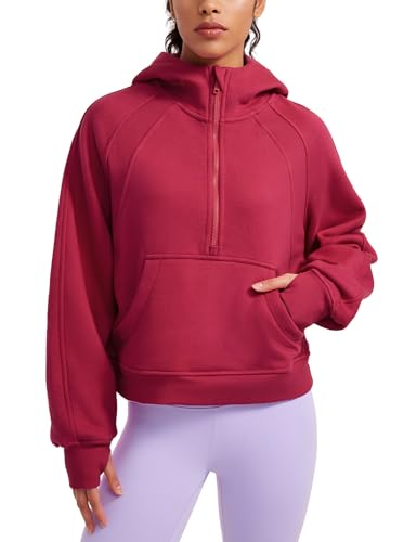 CRZ YOGA Damen Fleece Gefüttert Hoodie 1/2 Reißverschluss Kapuzenpullover Taschen Workout Langarm Hoody Pullover mit Daumenloch Granatapfel 36 von CRZ YOGA