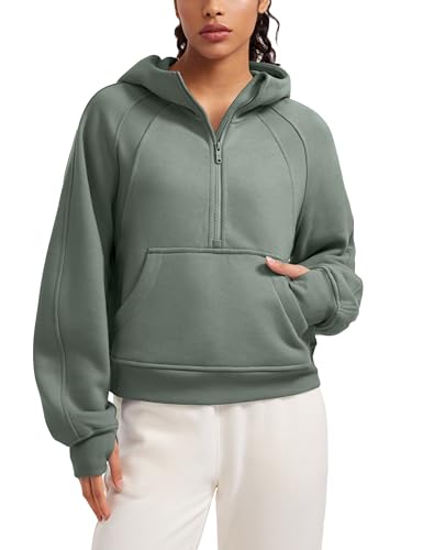 CRZ YOGA Damen Fleece Gefüttert Hoodie 1/2 Reißverschluss Kapuzenpullover Taschen Workout Langarm Hoody Pullover mit Daumenloch Grauer Salbei 40 von CRZ YOGA