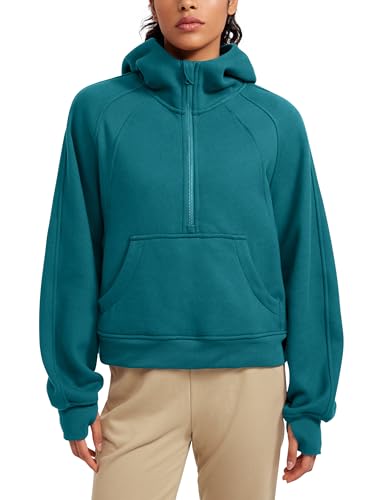 CRZ YOGA Damen Fleece Gefüttert Hoodie 1/2 Reißverschluss Kapuzenpullover Taschen Workout Langarm Hoody Pullover mit Daumenloch Grüne Jade 36 von CRZ YOGA