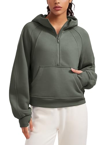 CRZ YOGA Damen Fleece Gefüttert Hoodie 1/2 Reißverschluss Kapuzenpullover Taschen Workout Langarm Hoody Pullover mit Daumenloch Helles Armeegrün 36 von CRZ YOGA