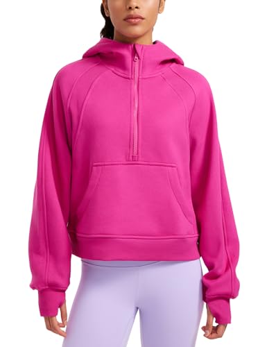 CRZ YOGA Damen Fleece Gefüttert Hoodie 1/2 Reißverschluss Kapuzenpullover Taschen Workout Langarm Hoody Pullover mit Daumenloch Hibiskus-Purpur 36 von CRZ YOGA