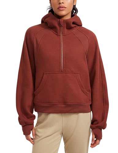 CRZ YOGA Damen Fleece Gefüttert Hoodie 1/2 Reißverschluss Kapuzenpullover Taschen Workout Langarm Hoody Pullover mit Daumenloch Jujube Braun 38 von CRZ YOGA