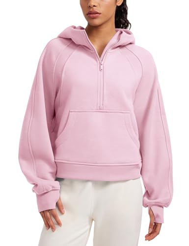 CRZ YOGA Damen Fleece Gefüttert Hoodie 1/2 Reißverschluss Kapuzenpullover Taschen Workout Langarm Hoody Pullover mit Daumenloch Rosa Pfingstrose 40 von CRZ YOGA