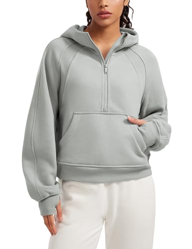 CRZ YOGA Damen Fleece Gefüttert Hoodie 1/2 Reißverschluss Kapuzenpullover Taschen Workout Langarm Hoody Pullover mit Daumenloch Sterling 38 von CRZ YOGA