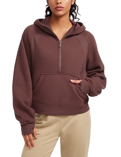 CRZ YOGA Damen Fleece Gefüttert Hoodie 1/2 Reißverschluss Kapuzenpullover Taschen Workout Langarm Hoody Pullover mit Daumenloch Taupe 38 von CRZ YOGA