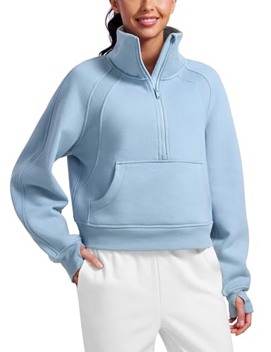 CRZ YOGA Damen Fleece Gefüttert Sweatshirt 1/2 Reißverschluss Pullover mit Taschen Winter Rollkragenpullover mit Daumenloch Cambric-Blau 40 von CRZ YOGA