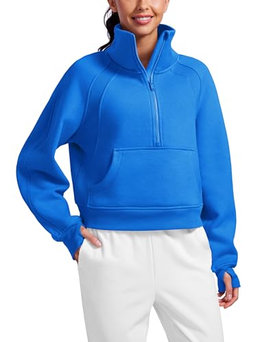 CRZ YOGA Damen Fleece Gefüttert Sweatshirt 1/2 Reißverschluss Pullover mit Taschen Winter Rollkragenpullover mit Daumenloch Funkelndes Blau 38 von CRZ YOGA