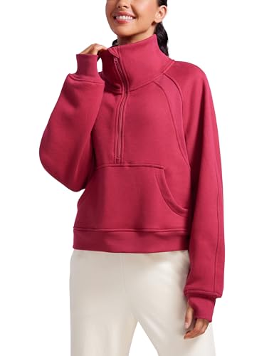 CRZ YOGA Damen Fleece Gefüttert Sweatshirt 1/2 Reißverschluss Pullover mit Taschen Winter Rollkragenpullover mit Daumenloch Granatapfel 40 von CRZ YOGA