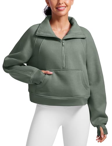 CRZ YOGA Damen Fleece Gefüttert Sweatshirt 1/2 Reißverschluss Pullover mit Taschen Winter Rollkragenpullover mit Daumenloch Grauer Salbei 40 von CRZ YOGA