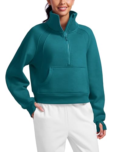 CRZ YOGA Damen Fleece Gefüttert Sweatshirt 1/2 Reißverschluss Pullover mit Taschen Winter Rollkragenpullover mit Daumenloch Grüne Jade 38 von CRZ YOGA