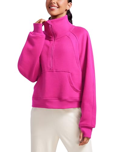 CRZ YOGA Damen Fleece Gefüttert Sweatshirt 1/2 Reißverschluss Pullover mit Taschen Winter Rollkragenpullover mit Daumenloch Hibiskus-Purpur 38 von CRZ YOGA