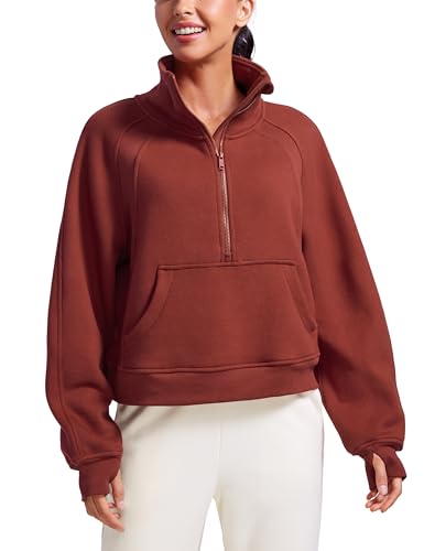 CRZ YOGA Damen Fleece Gefüttert Sweatshirt 1/2 Reißverschluss Pullover mit Taschen Winter Rollkragenpullover mit Daumenloch Jujube Braun 38 von CRZ YOGA