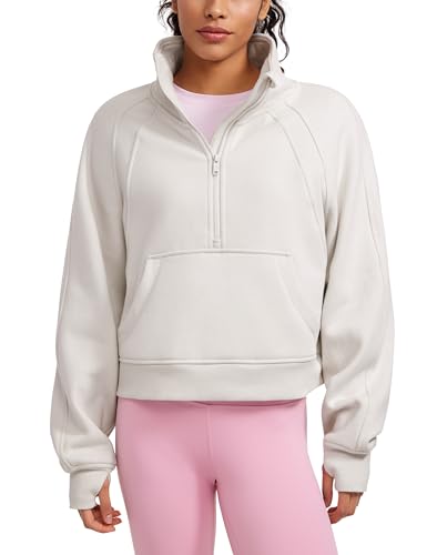 CRZ YOGA Damen Fleece Gefüttert Sweatshirt 1/2 Reißverschluss Pullover mit Taschen Winter Rollkragenpullover mit Daumenloch Milchig Weiß 38 von CRZ YOGA