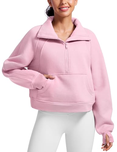 CRZ YOGA Damen Fleece Gefüttert Sweatshirt 1/2 Reißverschluss Pullover mit Taschen Winter Rollkragenpullover mit Daumenloch Rosa Pfingstrose 38 von CRZ YOGA