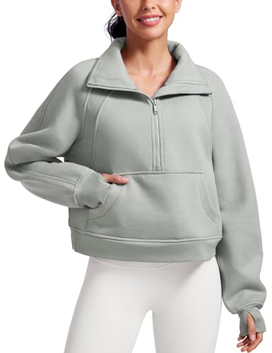 CRZ YOGA Damen Fleece Gefüttert Sweatshirt 1/2 Reißverschluss Pullover mit Taschen Winter Rollkragenpullover mit Daumenloch Sterling 42 von CRZ YOGA