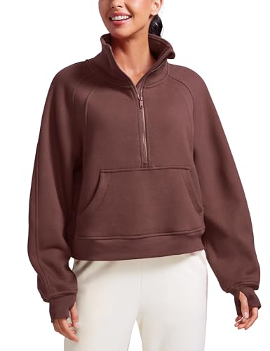 CRZ YOGA Damen Fleece Gefüttert Sweatshirt 1/2 Reißverschluss Pullover mit Taschen Winter Rollkragenpullover mit Daumenloch Taupe 38 von CRZ YOGA