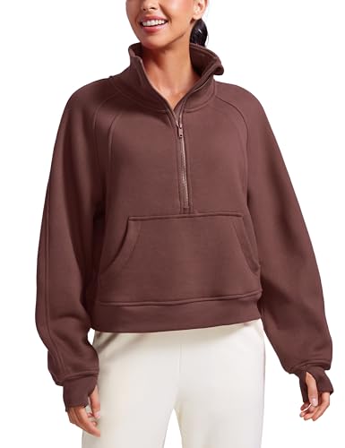 CRZ YOGA Damen Fleece Gefüttert Sweatshirt 1/2 Reißverschluss Pullover mit Taschen Winter Rollkragenpullover mit Daumenloch Taupe 40 von CRZ YOGA