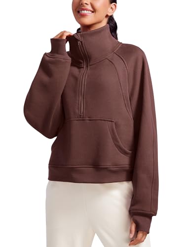 CRZ YOGA Damen Fleece Gefüttert Sweatshirt 1/2 Reißverschluss Pullover mit Taschen Winter Rollkragenpullover mit Daumenloch Taupe 42 von CRZ YOGA