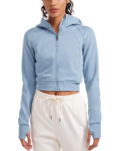 CRZ YOGA Damen Full Reißverschluss Fleece Hoodie Jacke Cropped Running Zip Up Laufjacke Workout Sport Sweatjacke mit Daumenloch Cambric-Blau 38 von CRZ YOGA