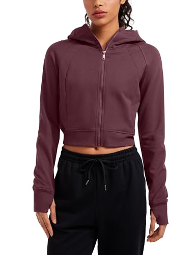 CRZ YOGA Damen Full Reißverschluss Fleece Hoodie Jacke Cropped Running Zip Up Laufjacke Workout Sport Sweatjacke mit Daumenloch Dunkelrot 38 von CRZ YOGA