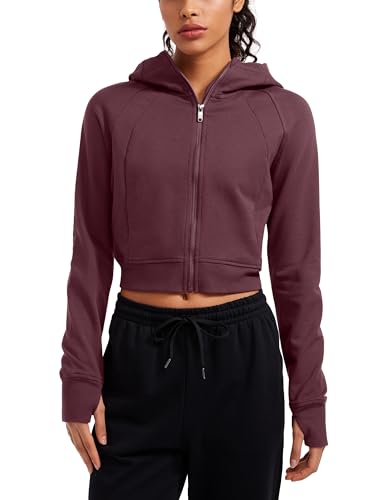 CRZ YOGA Damen Full Reißverschluss Fleece Hoodie Jacke Cropped Running Zip Up Laufjacke Workout Sport Sweatjacke mit Daumenloch Dunkelrot 44 CRZ YOGA Damen Full Reißverschluss Fleece Hoodie Jacke Cropped Running Zip Up Laufjacke Workout Sport Sweatjacke mit Daumenloch Dunkelrot 44 von CRZ YOGA