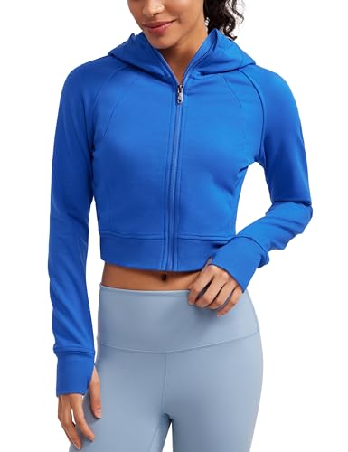 CRZ YOGA Damen Full Reißverschluss Fleece Hoodie Jacke Cropped Running Zip Up Laufjacke Workout Sport Sweatjacke mit Daumenloch Funkelndes Blau 38 von CRZ YOGA