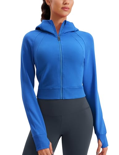 CRZ YOGA Damen Full Reißverschluss Fleece Hoodie Jacke Cropped Running Zip Up Laufjacke Workout Sport Sweatjacke mit Daumenloch Funkelndes Blau 40 von CRZ YOGA